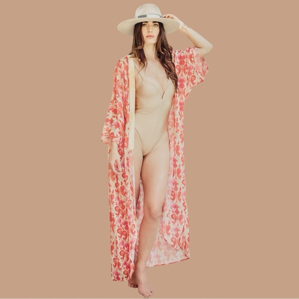 SukiSo Pink & Orange Ikat ‘Women’s Goddess Kimono’ in “Golden Hour” OS